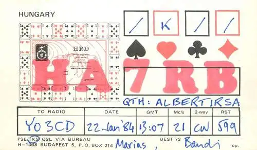 QSL Card HUNGARY Radio Amateur Station HA7RB Y03CD Bandi