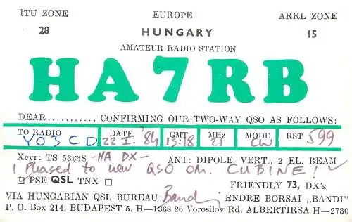 QSL Card HUNGARY Radio Amateur Station HA7RB Y03CD Bandi