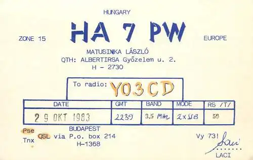 QSL Card HUNGARY Radio Amateur Station HA7PW Y03CD Laci