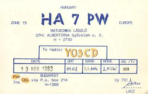 QSL Card HUNGARY Radio Amateur Station HA7PW Y03CD Dan