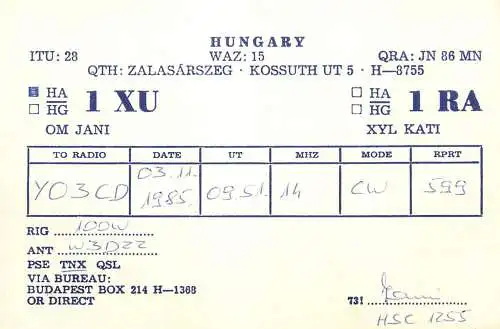 QSL Card HUNGARY Radio Amateur Station HA1XU Y03CD Iani