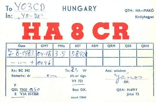 QSL Card HUNGARY Radio Amateur Station HA8CR Y03CD Janos