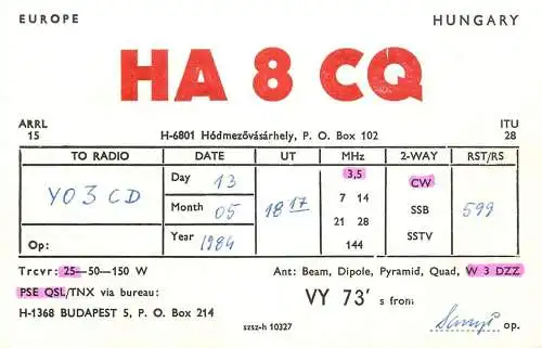 QSL Card HUNGARY Radio Amateur Station HA8CQ Y03CD Dami