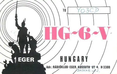 QSL Card HUNGARY Radio Amateur Station Eger HG6V Y03CD Geza