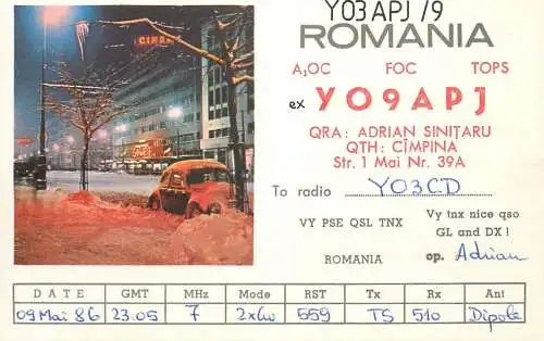 QSL Card ROMANIA Radio Amateur Station YO9APJ Adrian