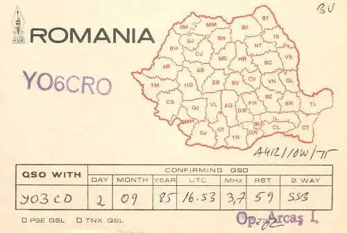 QSL Card ROMANIA Radio Amateur Station YO6CRO Arcas