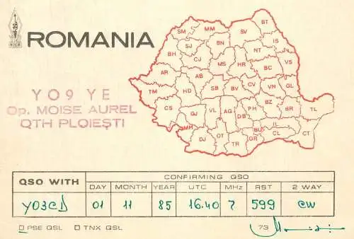QSL Card ROMANIA Radio Amateur Station YO9YE Moise Aurel