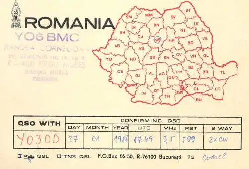 QSL Card ROMANIA Radio Amateur Station YO6BMC Cornel