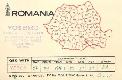 QSL Card ROMANIA Radio Amateur Station YO6BMC Cornel