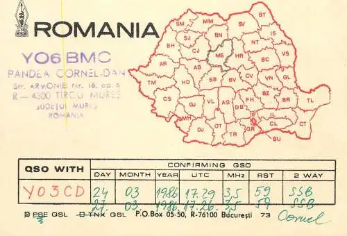 QSL Card ROMANIA Radio Amateur Station YO6BMC Cornel