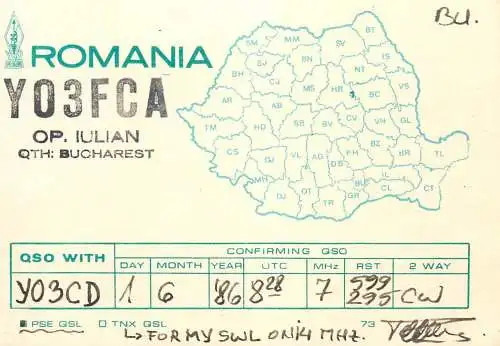 QSL Card ROMANIA Radio Amateur Station YO3FCA
