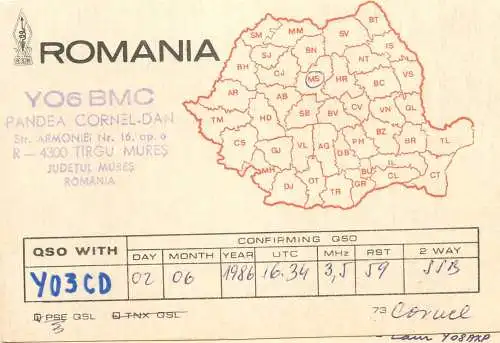 QSL Card ROMANIA Radio Amateur Station YO6BMC