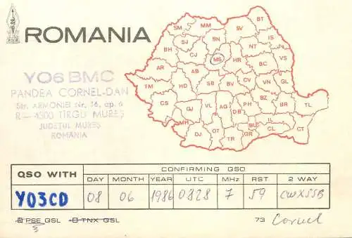 QSL Card ROMANIA Radio Amateur Station YO6BMC
