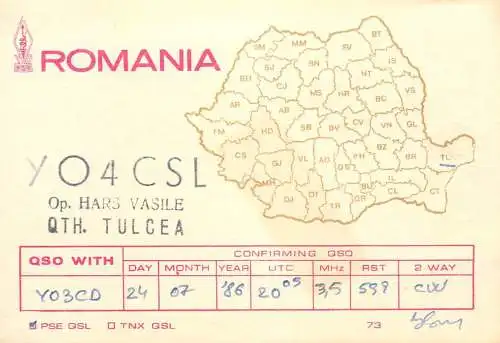 QSL Card ROMANIA Radio Amateur Station YO4CSL Hars Vasile