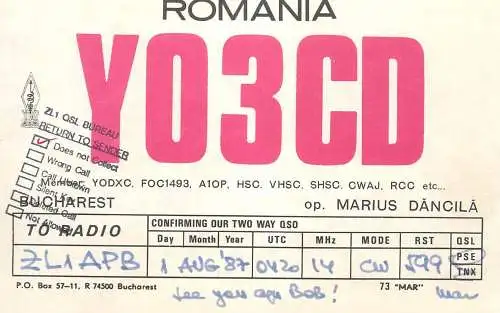 QSL Card ROMANIA Radio Amateur Station YO3CD Marius Danci;a