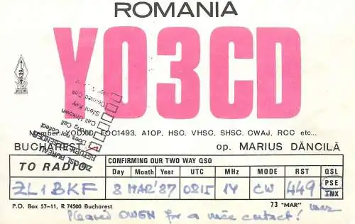 QSL Card ROMANIA Radio Amateur Station YO3CD Marius Danci;a
