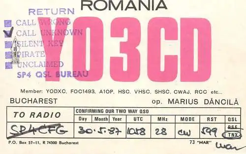 QSL Card ROMANIA Radio Amateur Station YO3CD Marius Danci;a