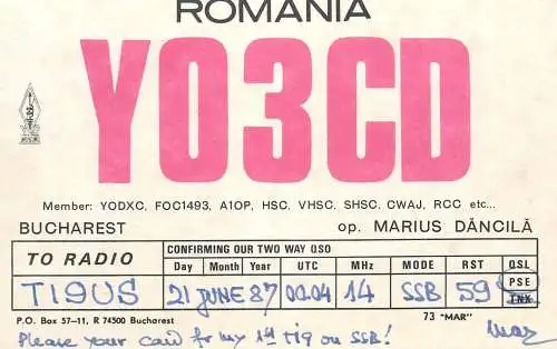 QSL Card ROMANIA Radio Amateur Station YO3CD Marius Dancila