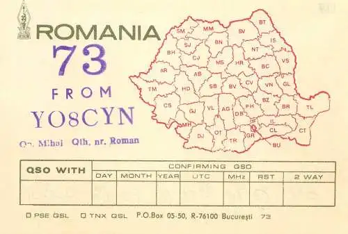 QSL Card ROMANIA Radio Amateur Station YO8CYN