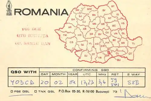 QSL Card ROMANIA Radio Amateur Station YO5DGE Sabau Dan