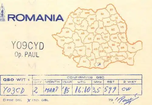 QSL Card ROMANIA Radio Amateur Station YO9CYD 1985