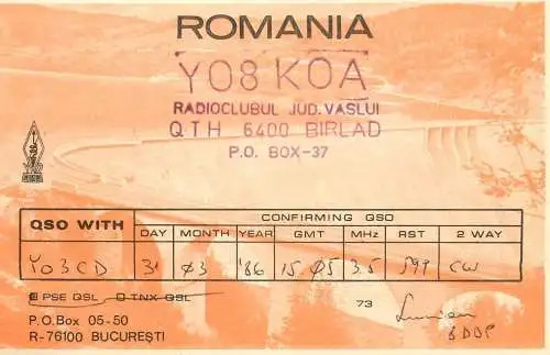 QSL Card ROMANIA Radio Amateur Station YO8KOA 1986 Lucian