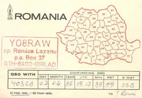 QSL Card ROMANIA Radio Amateur Station YO8RAW Romica Lazanu 1986