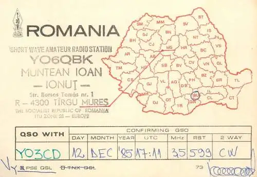 QSL Card ROMANIA Radio Amateur Station YO6QBK Ionut