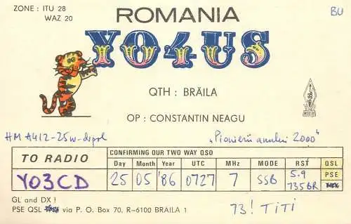 QSL Card ROMANIA Radio Amateur Station YO4US 1986 Titi