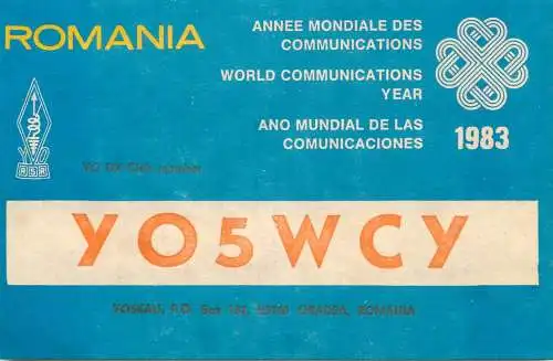 QSL Card ROMANIA Radio Amateur Station YO5WCY 1983