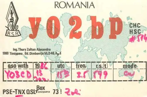 QSL Card ROMANIA Radio Amateur Station YO2BP Thury Zoltan