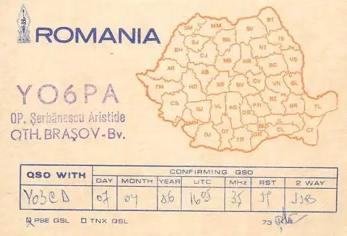 QSL Card ROMANIA Radio Amateur Station YO6PA Serbanescu Aristide
