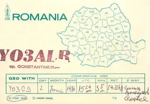 QSL Card ROMANIA Radio Amateur Station YO3ALR Constantinescu 1986