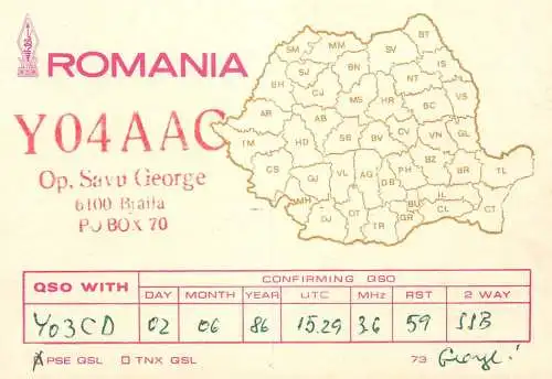 QSL Card ROMANIA Radio Amateur Station YO4AAC 1986