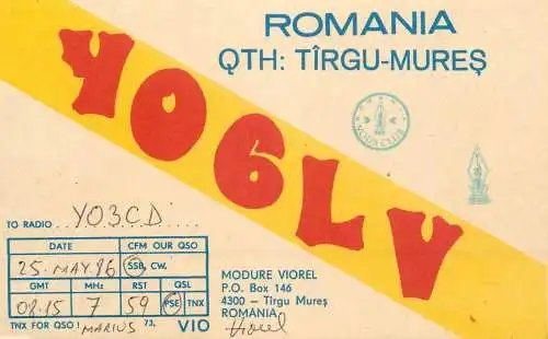 QSL Card ROMANIA Radio Amateur Station YO6LV Modure Viorel