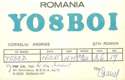 QSL Card ROMANIA Radio Amateur Station YO8BOI Cornel