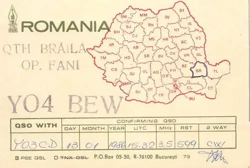 QSL Card ROMANIA Radio Amateur Station YO4BEW 1986 Fani
