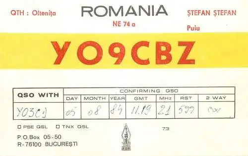 QSL Card ROMANIA Radio Amateur Station YO9CBZ 1984 Puiu