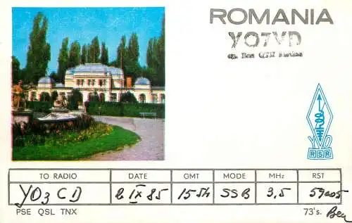 QSL Card ROMANIA Radio Amateur Station YO7VD 1985 Beu