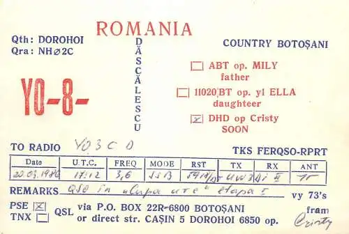 QSL Card ROMANIA Radio Amateur Station YO8DHD 1986 Cristy