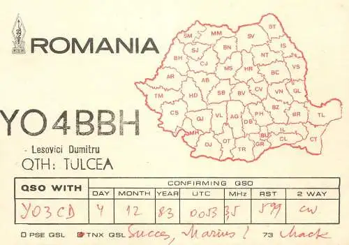 QSL Card ROMANIA Radio Amateur Station YO4BBH 1983 Marius