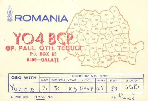 QSL Card ROMANIA Radio Amateur Station YO4BCP 1983 Paul