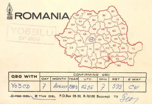 QSL Card ROMANIA Radio Amateur Station YO6BLU 1983 Geo