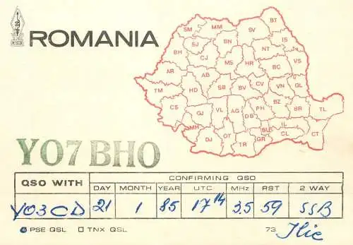 QSL Card ROMANIA Radio Amateur Station YO7BHO 1985 Ilie