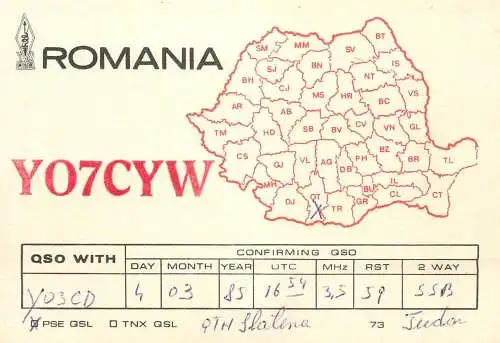 QSL Card ROMANIA Radio Amateur Station YO7CYW 1985 Tudor