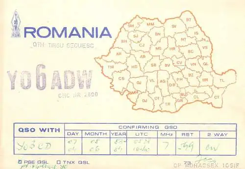 QSL Card ROMANIA Radio Amateur Station YO6ADW 1983 Mohacsek Iosif