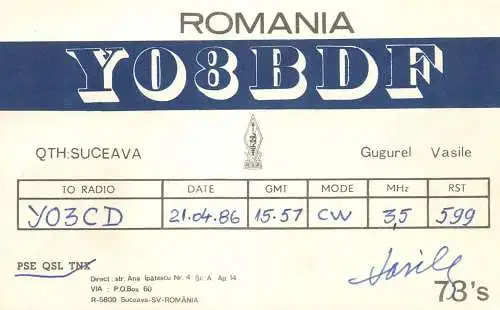 QSL Card ROMANIA Radio Amateur Station YO8BDF 1986 Vasile