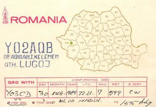 QSL Card ROMANIA Radio Amateur Station YO2AQB 1989 Ady