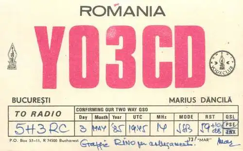 QSL Card ROMANIA Radio Amateur Station YO3CD 1985 Mar