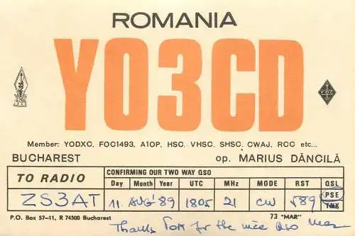 QSL Card ROMANIA Radio Amateur Station YO3CD 1989 Mar